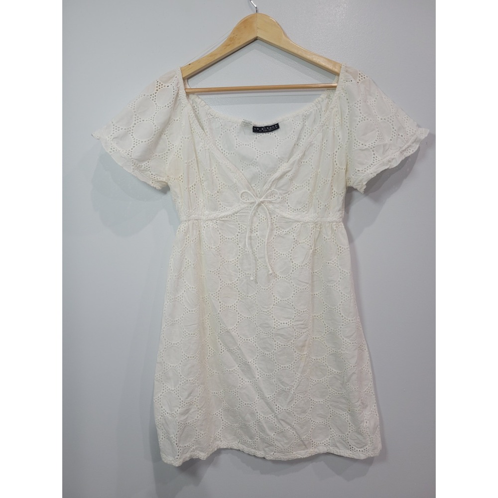 La Blanca White Eyelet Cotton V-Neck Empire Waist Cover Up Mini Dress Large